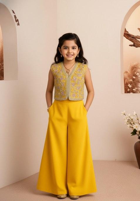 Girls Yellow Embroidered Georgette Fusion Set