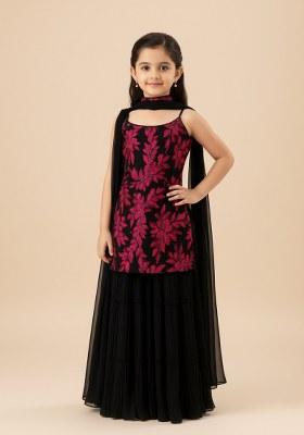 Girls Black And Pink Embroidered Georgette Sharara Set