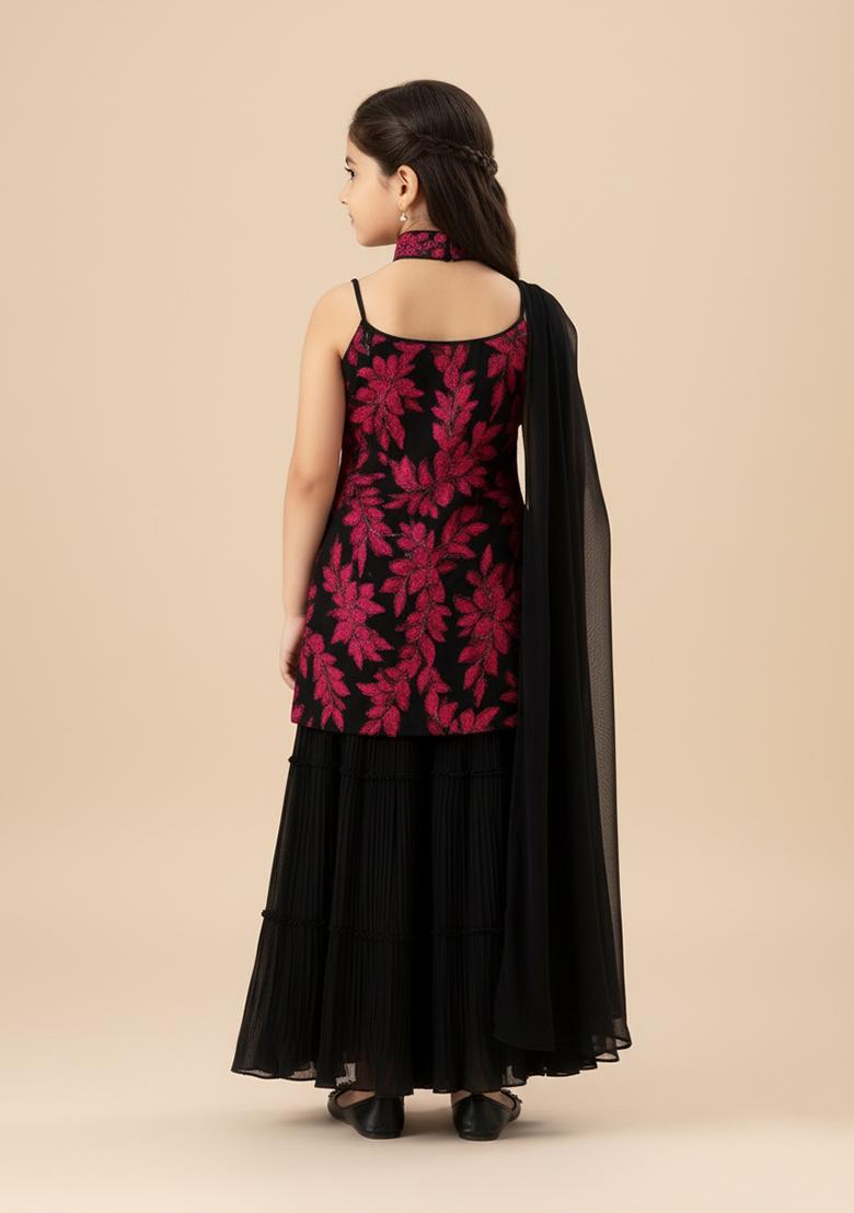 Girls Black And Pink Embroidered Georgette Sharara Set - Indya