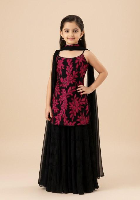 Girls Black And Pink Embroidered Georgette Sharara Set