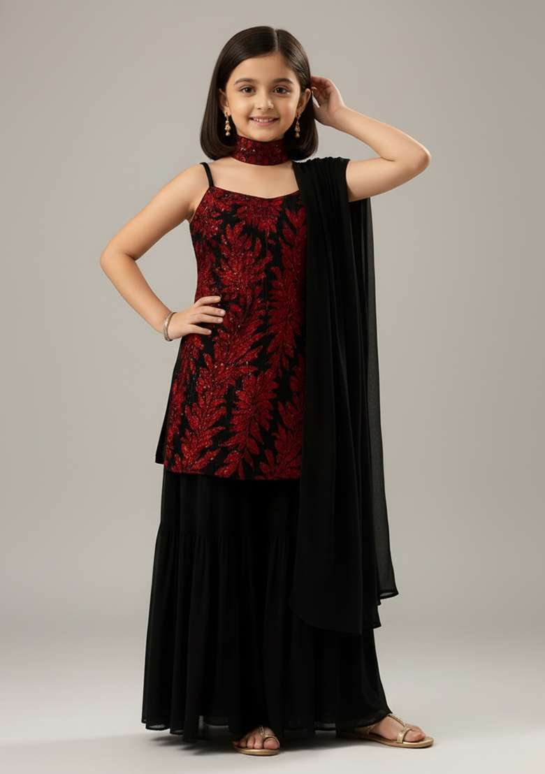 Girls Black And Red Embroidered Georgette Sharara Set - Indya
