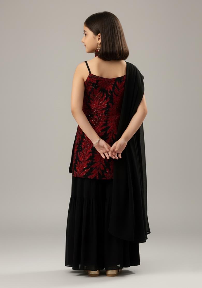 Girls Black And Red Embroidered Georgette Sharara Set - Indya