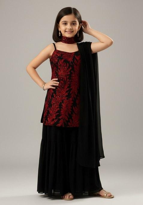Girls Black And Red Embroidered Georgette Sharara Set