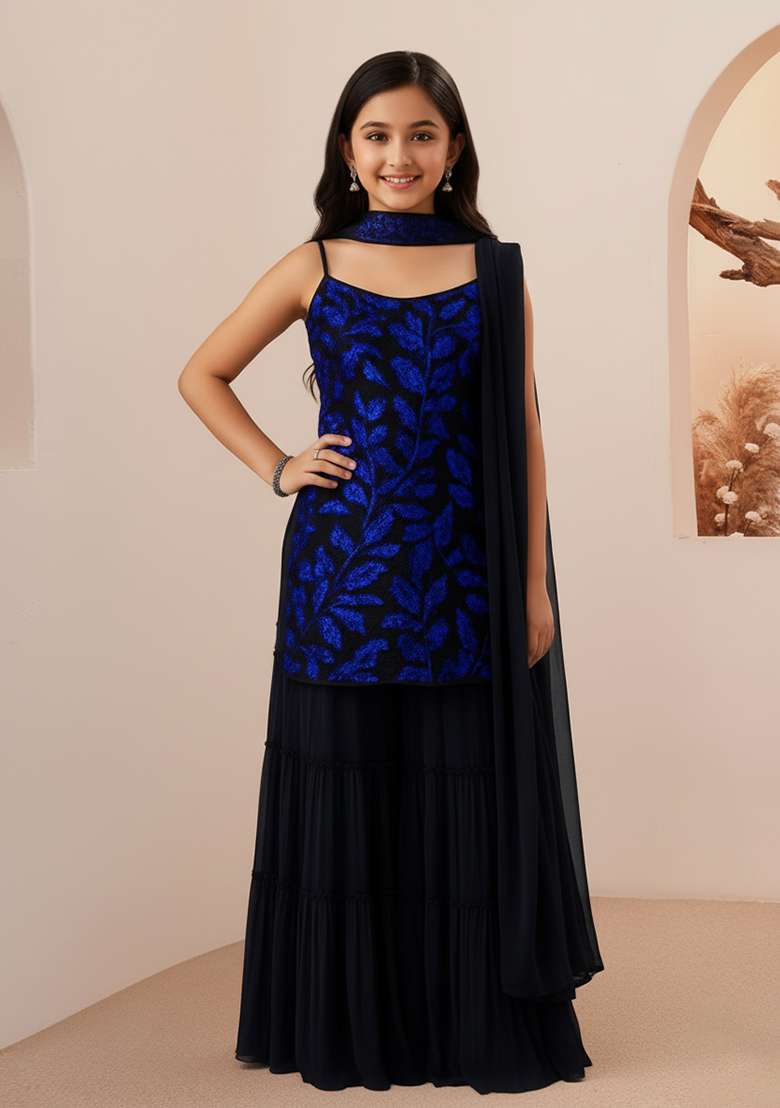 Girls Black And Blue Embroidered Georgette Sharara Set - Indya