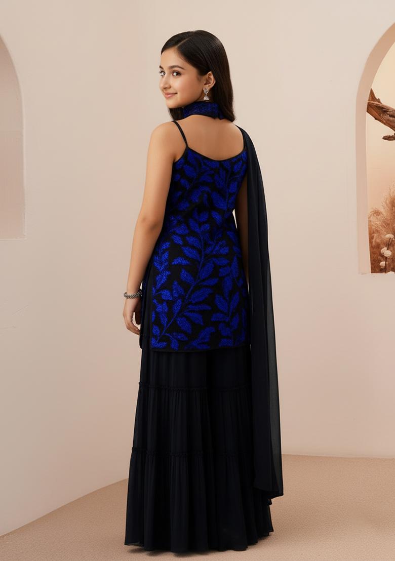 Girls Black And Blue Embroidered Georgette Sharara Set - Indya