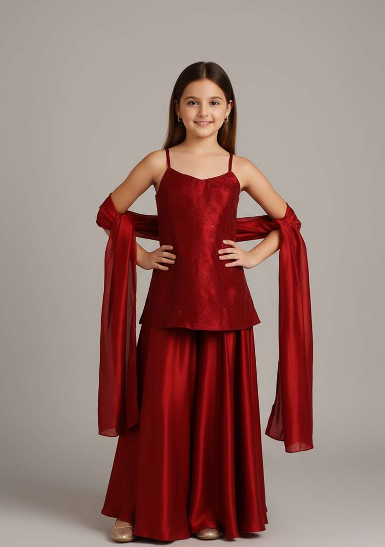 Girls Red Solid Organza Sharara Set - Indya