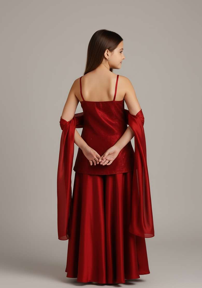 Girls Red Solid Organza Sharara Set - Indya