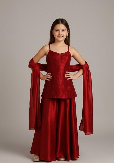 Girls Red Solid Organza Sharara Set