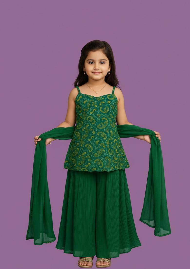 Girls Green Embroidered Jacquard Sharara Set