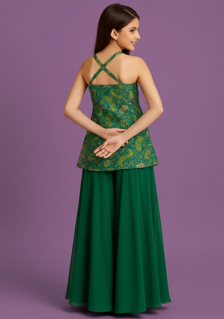 Girls Green Embroidered Jacquard Sharara Set - Indya