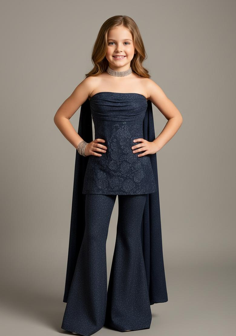 Girls Blue Weaving Knit Sharara Set