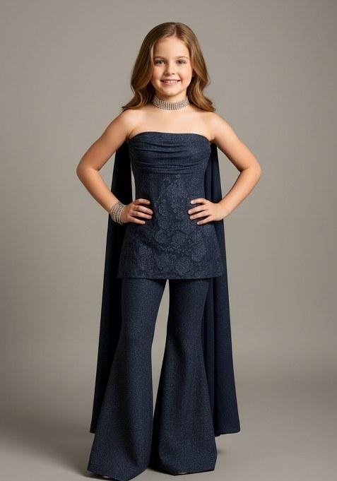 Girls Blue Weaving Knit Sharara Set