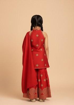 Girls Red Embroidered Organza Sharara Set