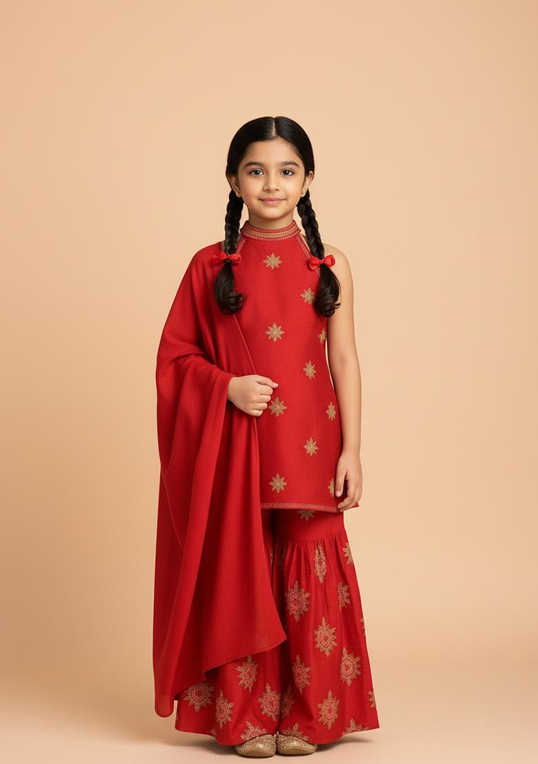 Girls Red Embroidered Organza Sharara Set - Indya
