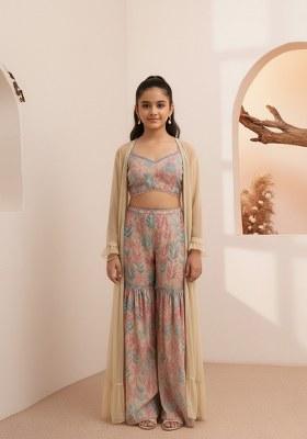 Girls Pink Floral Print Organza Fusion Set