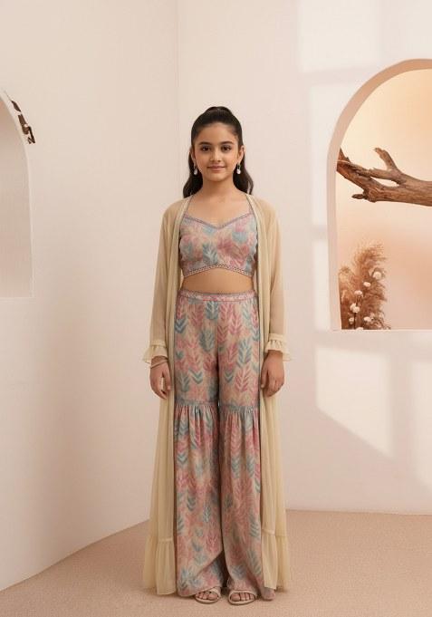 Girls Pink Floral Print Organza Fusion Set