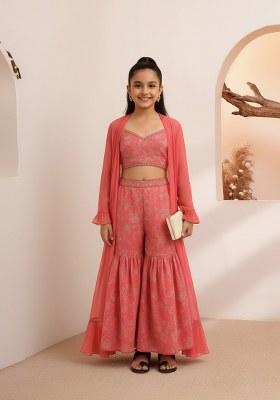 Girls Pink Floral Print Organza Fusion Set