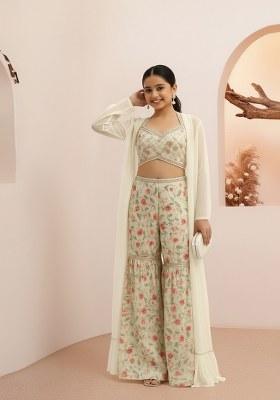 Girls White Floral Print Organza Fusion Set