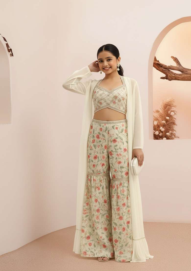 Girls White Floral Print Organza Fusion Set - Indya