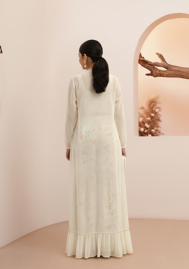 Girls White Floral Print Organza Fusion Set - Indya