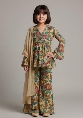 Girls Cream Embroidered Organza Sharara Set