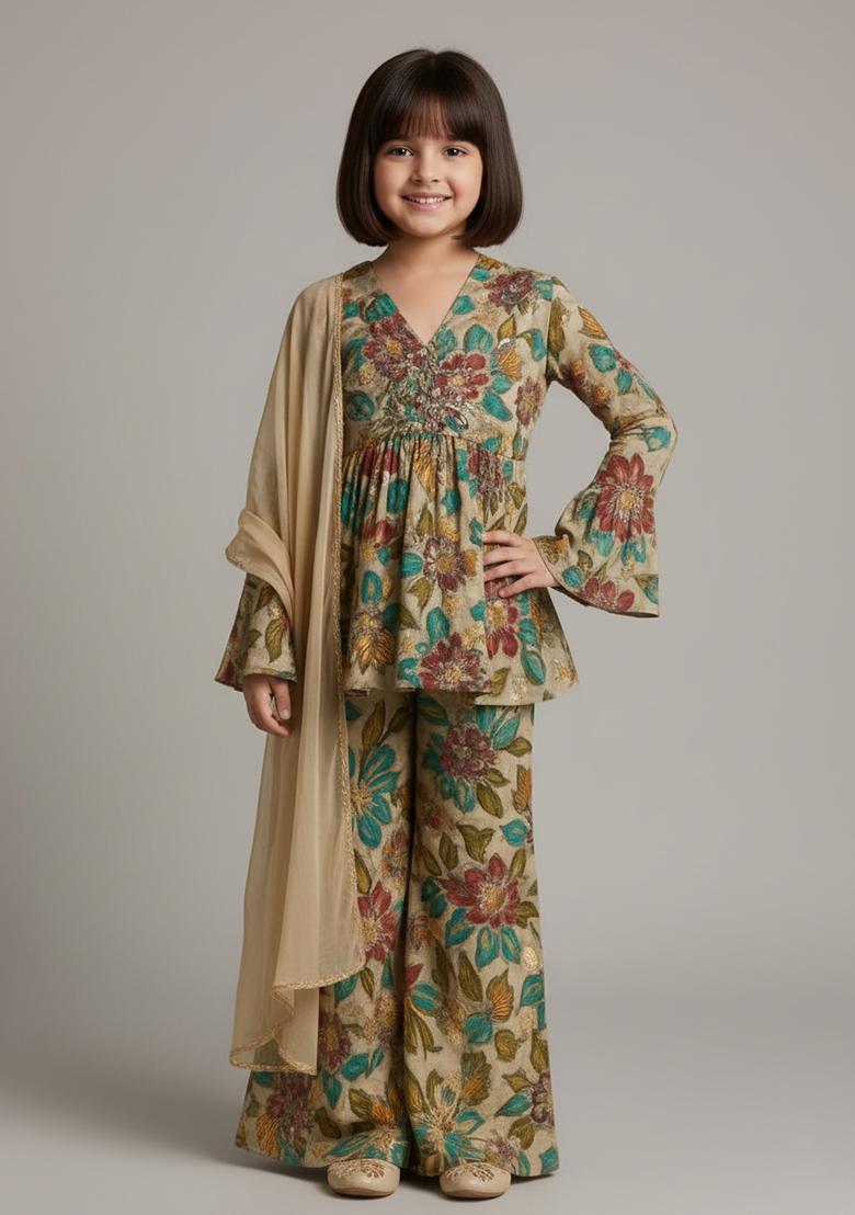 Girls Cream Embroidered Organza Sharara Set - Indya