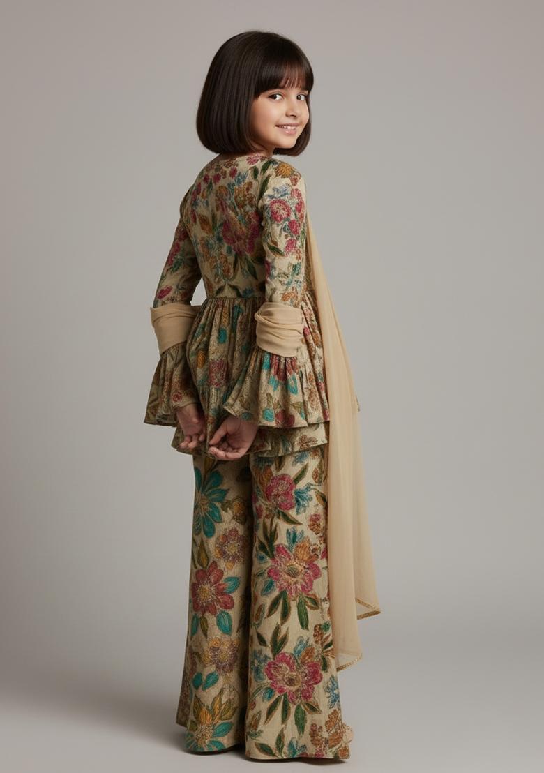 Girls Cream Embroidered Organza Sharara Set - Indya