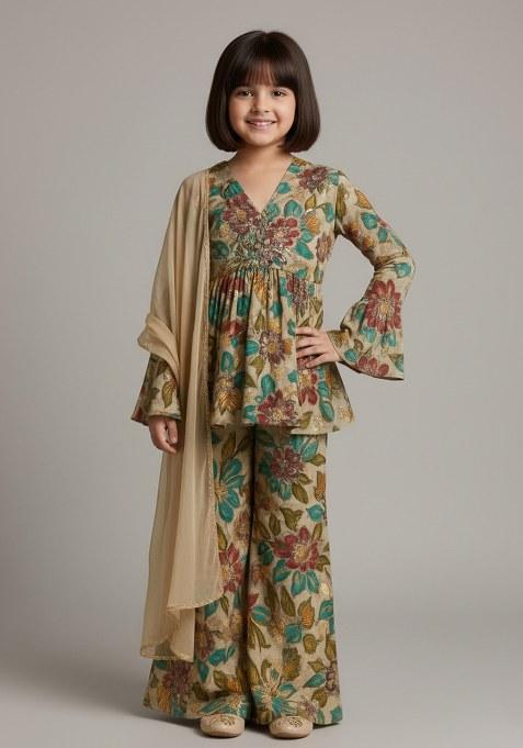 Girls Cream Embroidered Organza Sharara Set