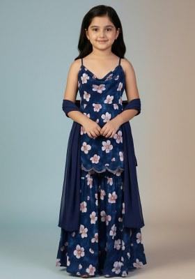 Girls Dark Blue Floral Print Satin Fusion Set