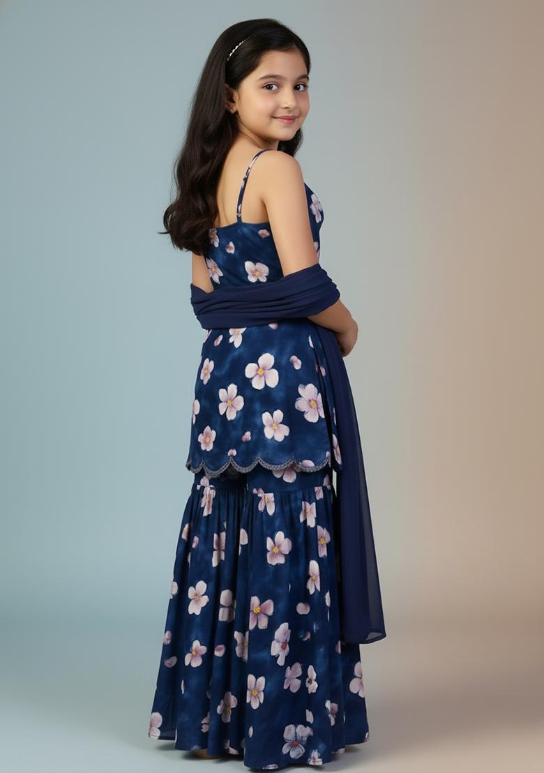 Girls Dark Blue Floral Print Satin Fusion Set - Indya