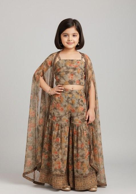 Girls Multicolor Floral Print Georgette Sharara Set