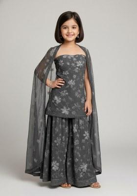Girls Black Floral Print Georgette Sharara Set