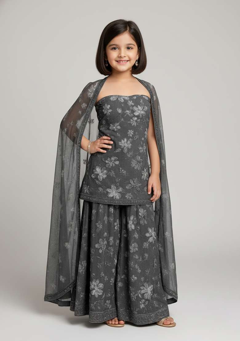 Girls Black Floral Print Georgette Sharara Set - Indya