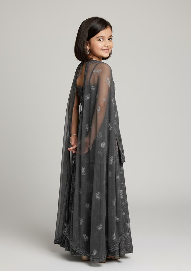 Girls Black Floral Print Georgette Sharara Set - Indya