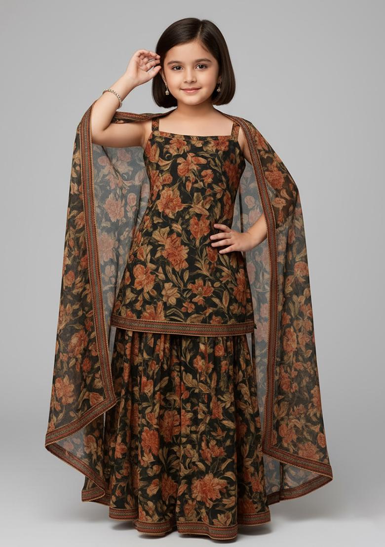 Girls Black Floral Print Georgette Sharara Set