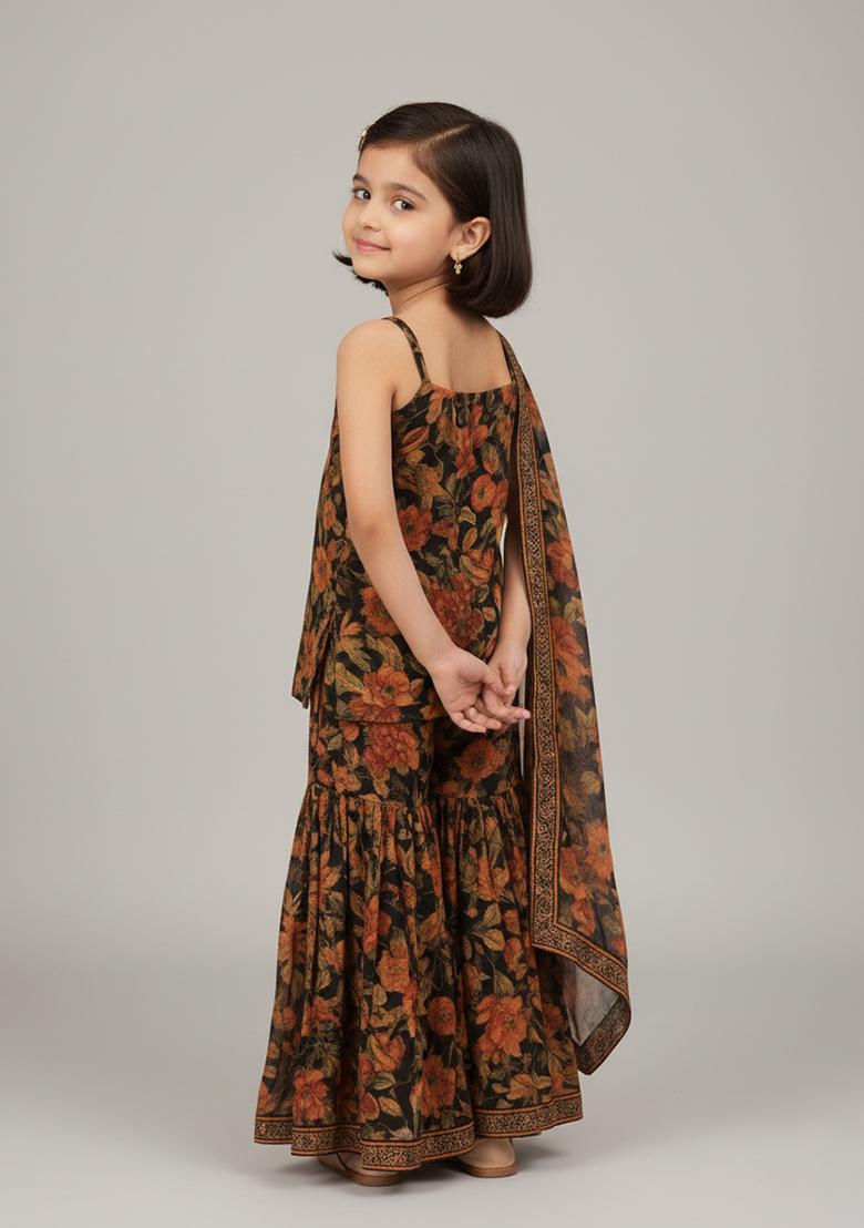 Girls Black Floral Print Georgette Sharara Set