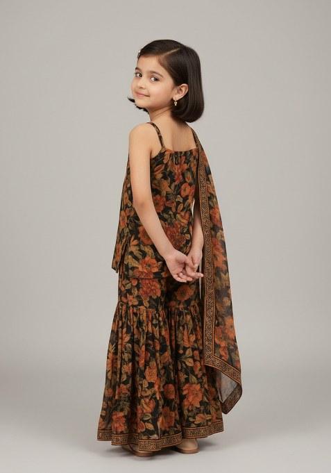 Girls Black Floral Print Georgette Sharara Set