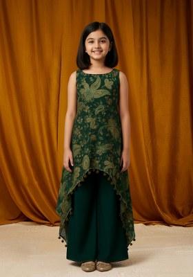 Girls Green Embroidered Crepe Fusion Set