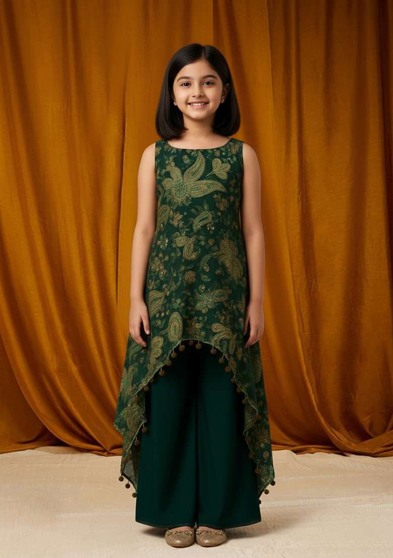 Girls Green Embroidered Crepe Fusion Set - Indya
