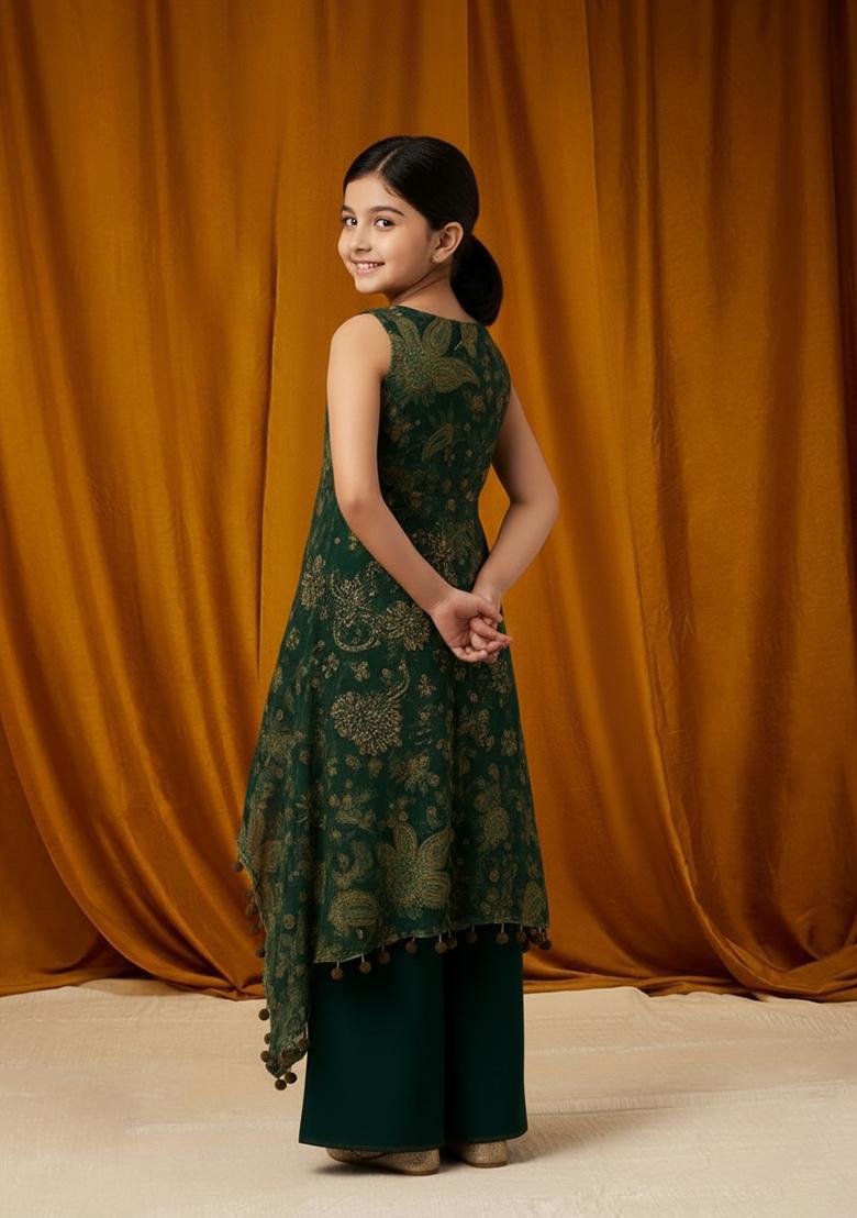 Girls Green Embroidered Crepe Fusion Set - Indya