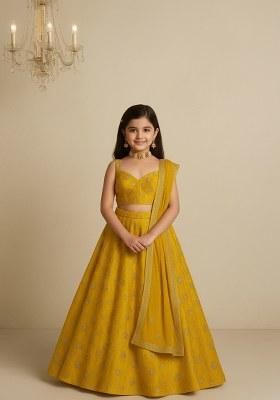 Girls Yellow Embroidered Organza Lehenga Set