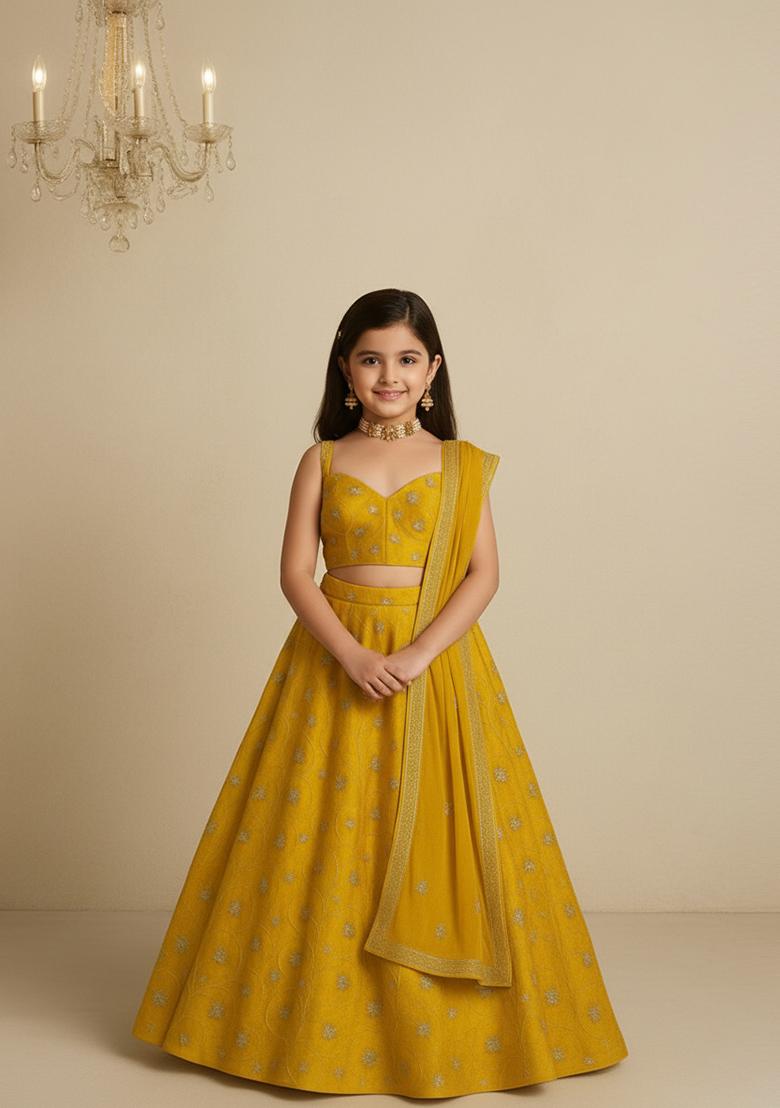Girls Yellow Embroidered Organza Lehenga Set