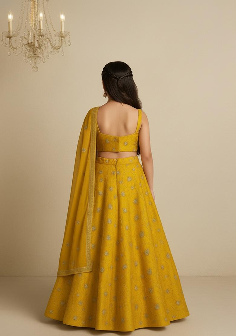 Girls Yellow Embroidered Organza Lehenga Set - Indya