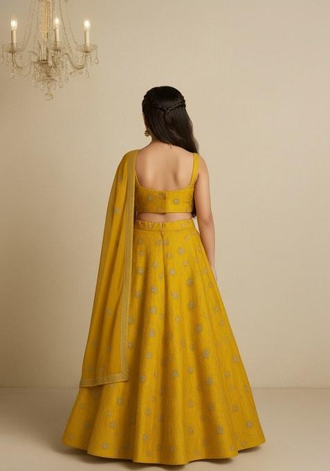 Girls Yellow Embroidered Organza Lehenga Set