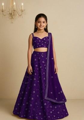 Girls Purple Embroidered Organza Lehenga Set