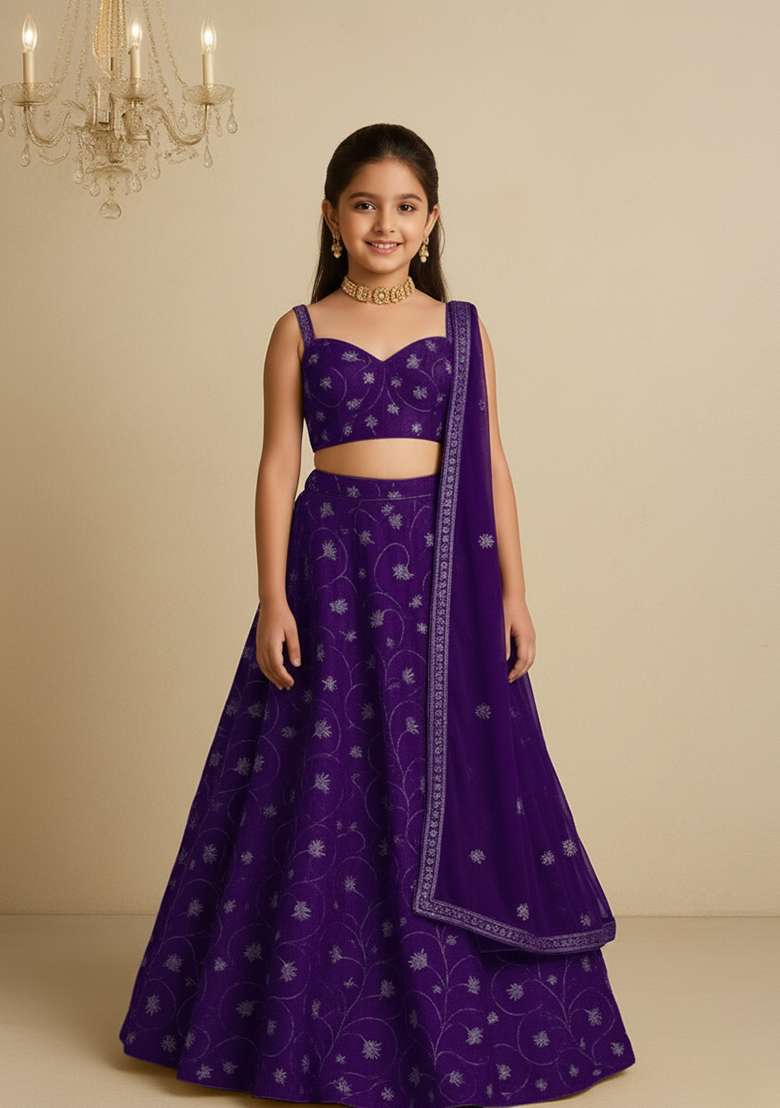 Girls Purple Embroidered Organza Lehenga Set - Indya
