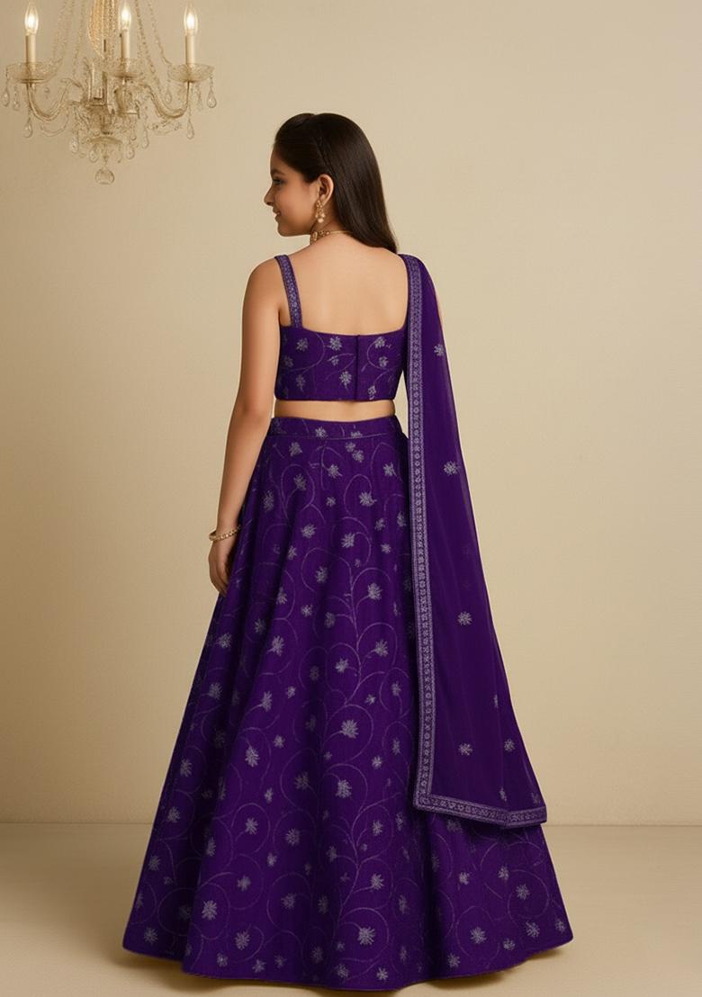 Girls Purple Embroidered Organza Lehenga Set - Indya