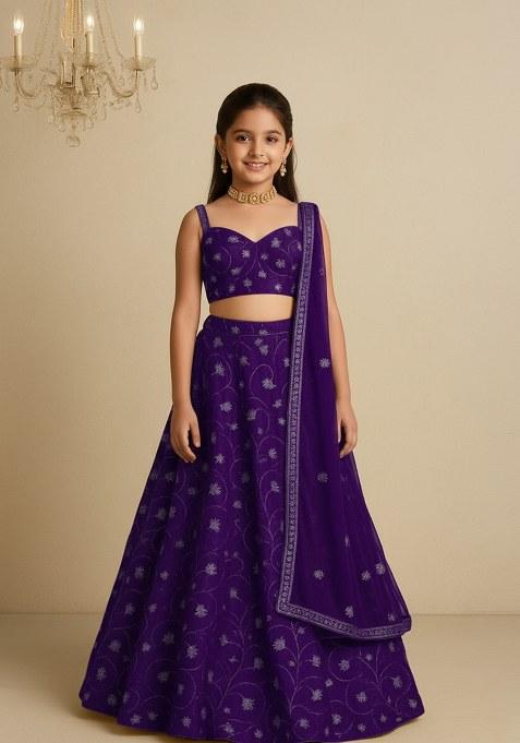 Girls Purple Embroidered Organza Lehenga Set