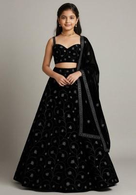 Girls Black Embroidered Organza Lehenga Set