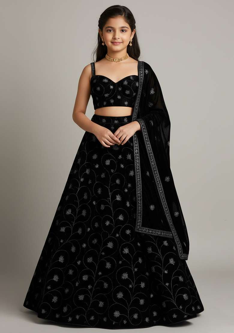 Girls Black Embroidered Organza Lehenga Set - Indya